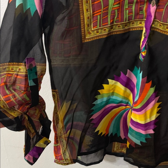 OPPA Vintage Colorful Sheer Roll Tab Sleeves Button Down Shirt - Picture 4 of 7